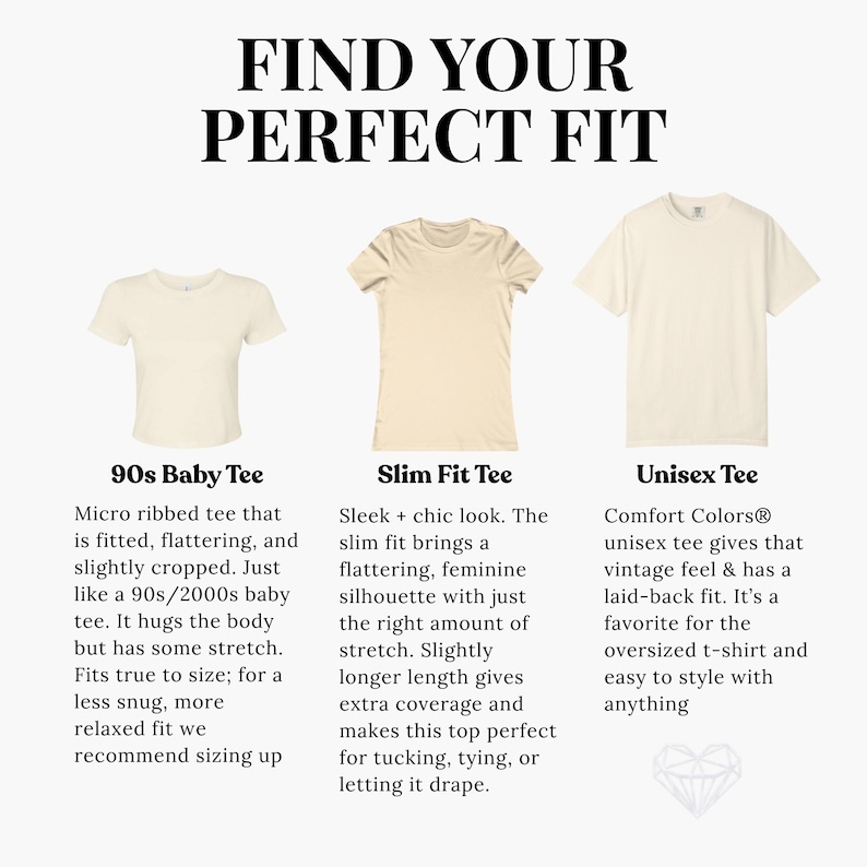 May include: Three cream-colored t-shirts are displayed, each with a different style: a cropped 90s baby tee, a slim-fit tee, and a unisex tee. Text above reads "FIND YOUR PERFECT FIT".