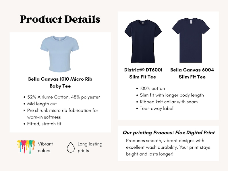 May include: Product details image featuring three t-shirts: a light blue baby tee, a navy blue District DT6001 slim fit tee, and a navy blue Bella Canvas 6004 slim fit tee. The image also includes text about the shirts' features and printing process.