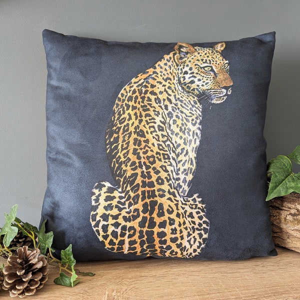Leopard Illustration Vegan Suede Dark Navy Blue Luxury Designer Cushion, Leopard Print Decor
