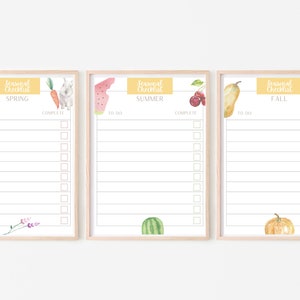 May include: Three printable checklists with watercolor illustrations for spring, summer, and fall. Each checklist has a to-do list and a complete list with checkboxes.