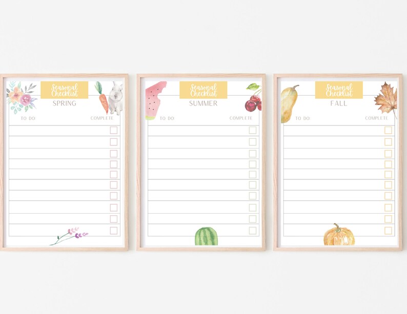 May include: Three printable checklists with watercolor illustrations for spring, summer, and fall. Each checklist has a to-do list and a complete list with checkboxes.