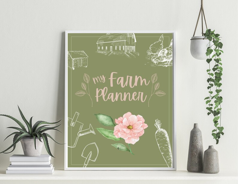 May include: A printable planner with a green background and the text "my farm planner" in pink. The image includes illustrations of a farmhouse, a watering can, a shovel, a carrot, and a pink flower.