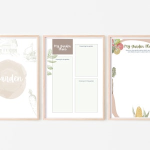 May include: Three printable posters with a garden theme. The first poster has a watercolor circle with the word "garden" in it. The second poster has the title "My Garden Plans" and has sections for "Growing in the garden", "Preparing the garden", and "Cooking with the garden". The third poster has the title "My Garden Plans" and has a space to draw out a garden plan.
