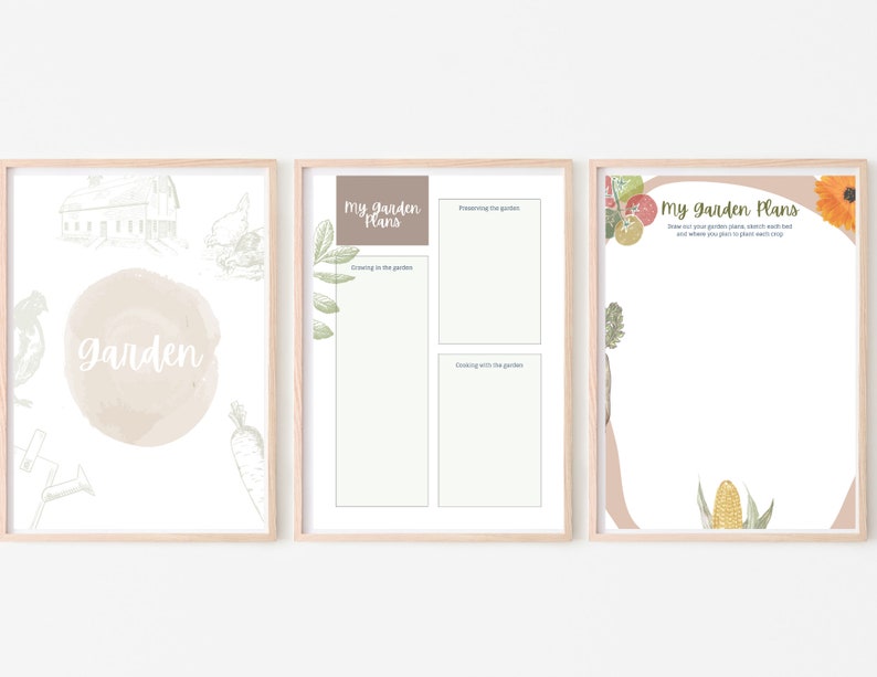 May include: Three printable posters with a garden theme. The first poster has a watercolor circle with the word "garden" in it. The second poster has the title "My Garden Plans" and has sections for "Growing in the garden", "Preparing the garden", and "Cooking with the garden". The third poster has the title "My Garden Plans" and has a space to draw out a garden plan.