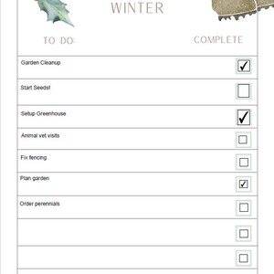 May include: A printable checklist for winter gardening tasks. The checklist includes tasks such as garden cleanup, starting seeds, setting up a greenhouse, animal vet visits, fixing fencing, planning the garden, and ordering perennials. The checklist is decorated with a holly sprig and a pair of winter boots.