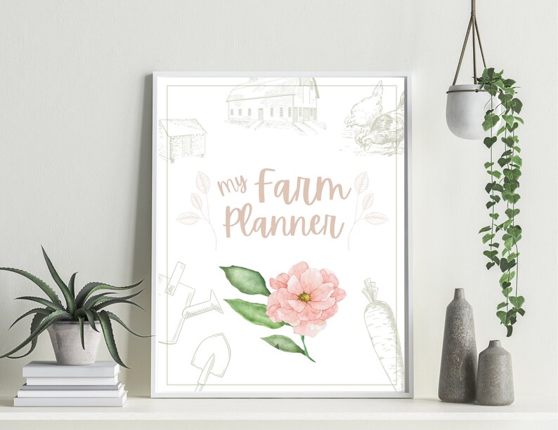 May include: A printable planner with the text "my farm planner" in pink script. The design features a pink flower, a carrot, a shovel, and a watering can, all in a watercolor style.