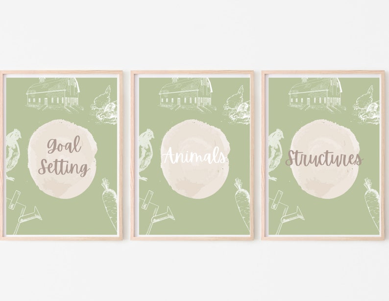 May include: Three printable posters with a green background and white illustrations of a farm. The posters have the words "Goal Setting", "Animals", and "Structures" on them.
