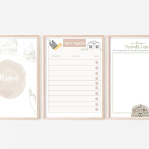 May include: Three printable farmhouse style home organization charts. The first chart has a watercolor background with the word "Home" and illustrations of a barn, chickens, and carrots. The second chart is a to-do list titled "Home Projects" with columns for "Project", "Timeline", and "Done". The third chart is a blank property layout template titled "Dream Property Layout" with a small illustration of a greenhouse in the bottom right corner.