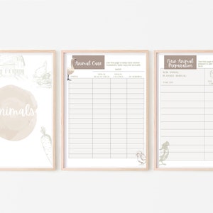 May include: Three printable pages for keeping track of animal care and preparation. The first page has a watercolor illustration of a barn and farm animals. The second page is a chart for tracking animal care, with columns for date, animal, vaccines, health checks, and grooming. The third page is a checklist for preparing for a new animal, with sections for planned arrival date, tasks to complete, and room.