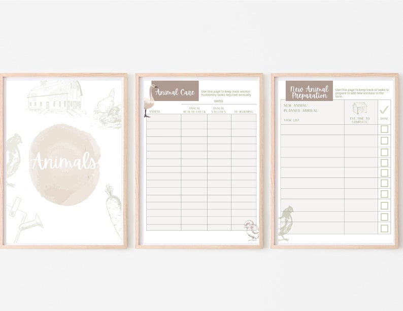 May include: Three printable pages for keeping track of animal care and preparation. The first page has a watercolor illustration of a barn and farm animals. The second page is a chart for tracking animal care, with columns for date, animal, vaccines, health checks, and grooming. The third page is a checklist for preparing for a new animal, with sections for planned arrival date, tasks to complete, and room.