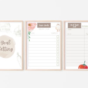 May include: Three printable goal setting worksheets with a farmhouse theme. The first sheet has a watercolor illustration of a farmhouse and the text "Goal Setting". The second sheet has a watercolor illustration of a flower and the text "Farm Goals" and "Timeline 5 Year". The third sheet has a watercolor illustration of a tomato and the text "Goal Task List".