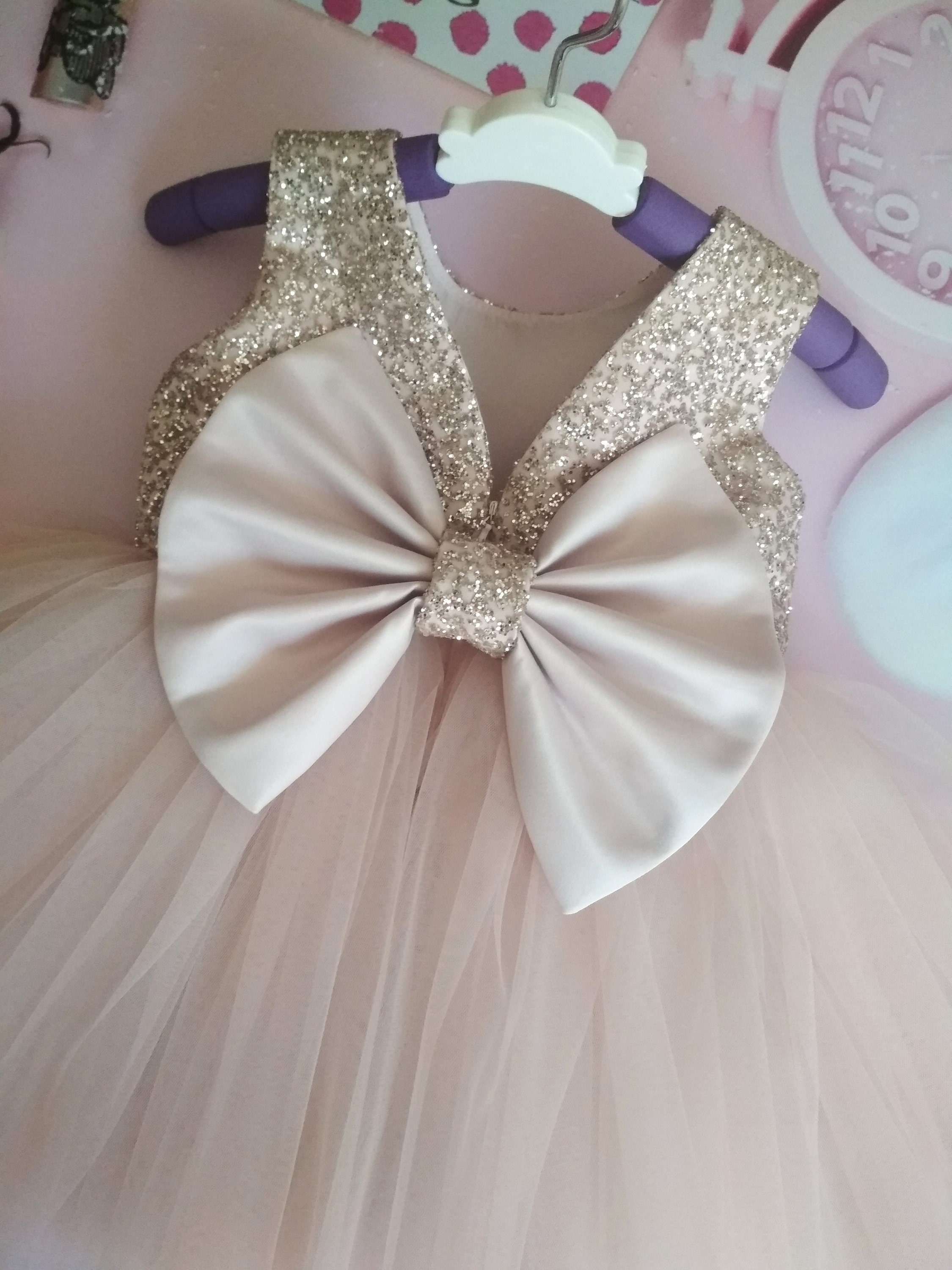 Birthday dress 1 year old. Rhinestone dress. Rose gold flower Etsy