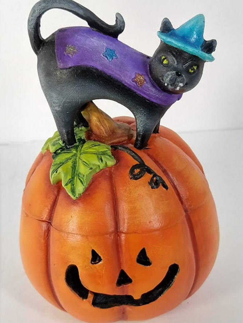 Halloween Treats Pumpkin Box With Cat Resin Whimsical Etsy