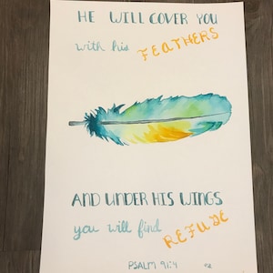 Él te cubrirá con sus plumas - Salmo 91 - Signos con las Escrituras - Pintura en acuarela
