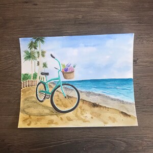 ビーチ自転車 - 花かご - 水彩画