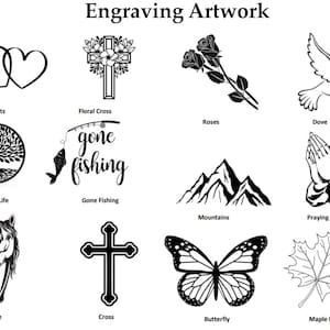 Op de afbeelding: Gravure-artwork opties voor een gedenkplaat of ander gepersonaliseerd item. De afbeeldingen omvatten harten, een levensboom, een bloemkruis, een hengel met een vis, rozen, een duif, bergen, gebedshanden, een paard, een kruis, een vlinder en een esdoornblad.