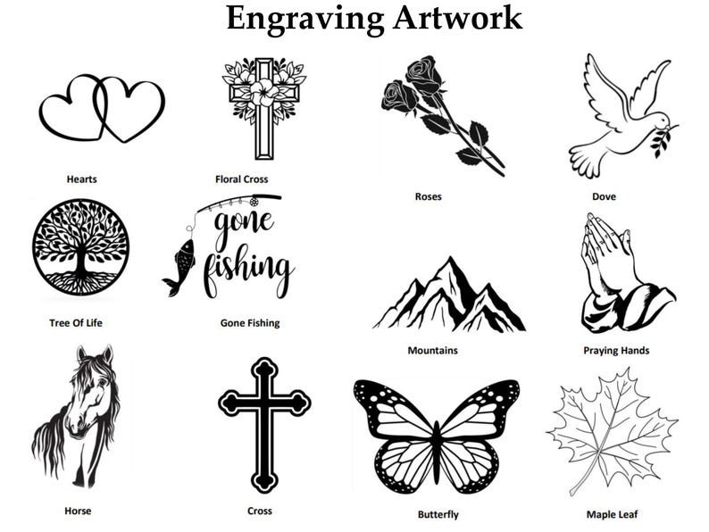 Op de afbeelding: Gravure-artwork opties voor een gedenkplaat of ander gepersonaliseerd item. De afbeeldingen omvatten harten, een levensboom, een bloemkruis, een hengel met een vis, rozen, een duif, bergen, gebedshanden, een paard, een kruis, een vlinder en een esdoornblad.
