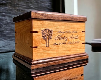 Cherry Wood Cremation Urn for Human Ashes, Handcrafted Personalized Engraved Urn