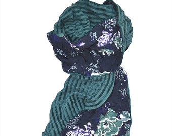 Teal Velvet Scarf: Floral Print Cotton Viscose Blend