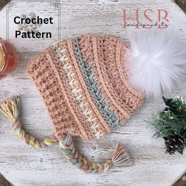 Crochet Bonnet Pattern Cute, Beanie with Braided Ties, Digital Download, Ear Flat Hat Pattern, Fractured Glass Bonnet Pattern