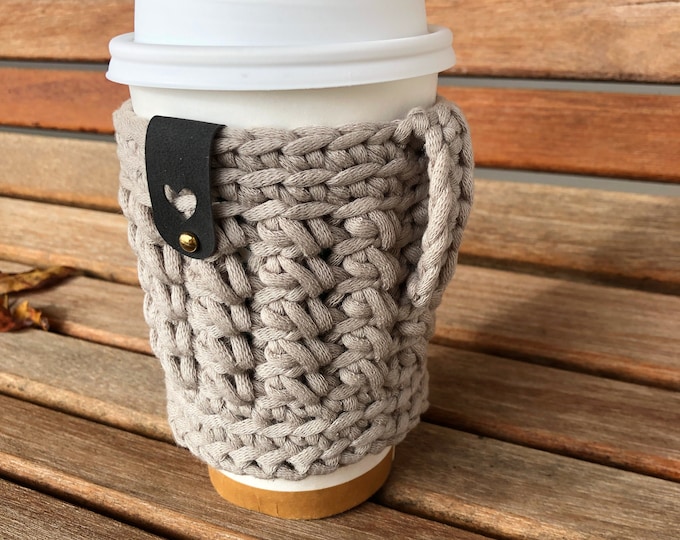 Crochet Cozy with a Thumb Loop, Coffee Cup Sleeve, Hot or Cold Drink Cozy, Gift under 20, Sticks n Stones Cozy, Beverage Sleeve