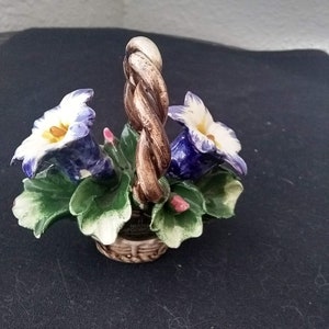 Nuova Capodimonte Vintage 1950s Porcelain Brown Oval Basket with 12 Large Green Leaves and 2 Purple Iris Flowers.