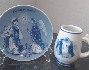 Porsgrund Porcelain Factory Promise of the Savior -  Blue and White  -  made in Norway Julen 1973 MATCHING Christmas Plate & Mug