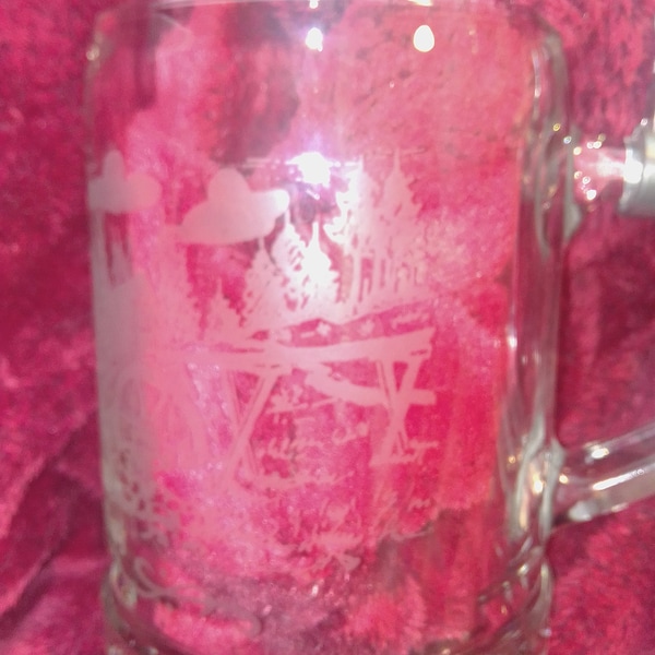 West German Schwarzwald Souvenir ALWE 1949-1990 flat lid pewter Etched Glass beer stein