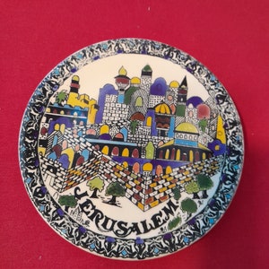 Jerusalem ceramic souvenir plate  colorful holy land  Jerusalem in black on lower front