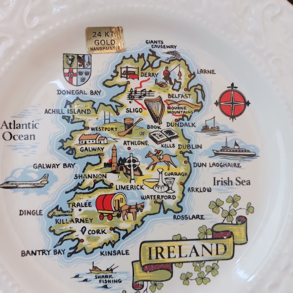 Ireland 24K gold hand-painted by Carrigcraft Carrigaline County Cork Ireland souvenir map plate