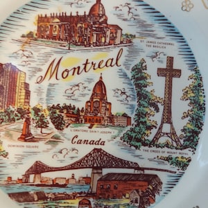 Montreal Canada souvenir plate 22 karat gold W Adams and Sons England the cross of Mount Royal, Jacques Cartier bridge, Dominion Square