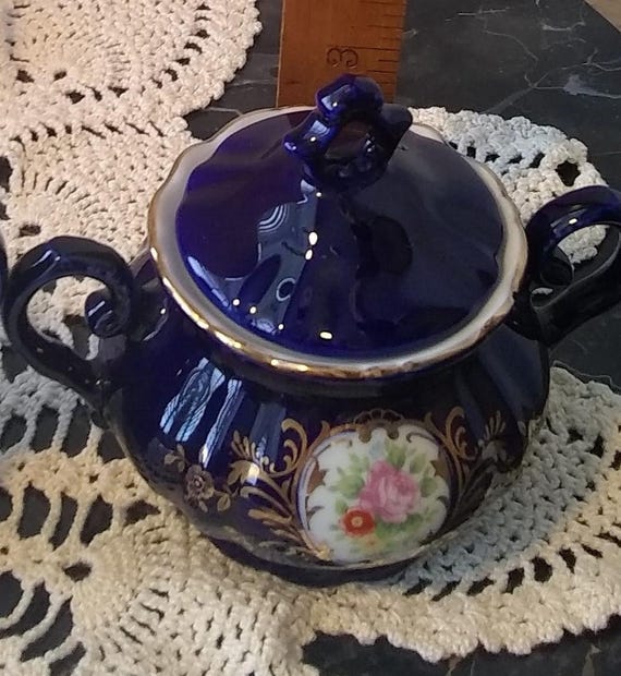 Hand Spray KT in Glaze Cobalt Blue Japanese 1960 Cups, Saucer, and