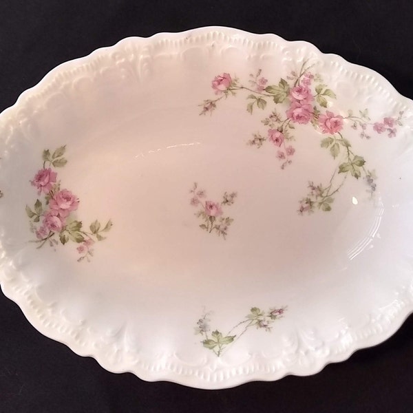 Weimar Germany Antique Oval Bowl Porcelain Serving Bowl embossed pattern with pink flowers and green leaves