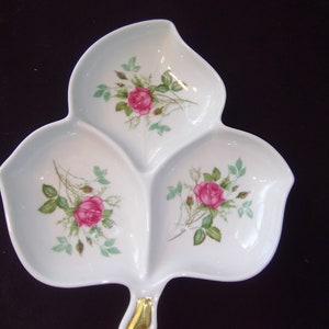 Old Nuremberg Bavaria Germany candy nut dish White with red roses, leaf pattern- three section- wild red roses Gold on handle leaf 1950&#39;s