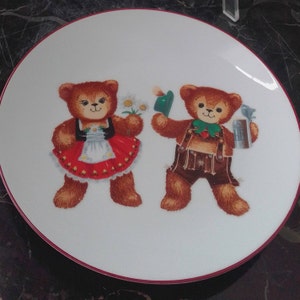 Reuther Porzellan Teddy Bear plate made in West Germany 1980s Red rim around plate Boy and Girl Teddy Bears together