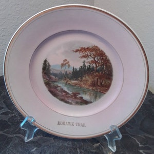 May include: A pink ceramic plate with a gold rim features a painted scene of a river flowing through a forest. The plate has the words "MOHAWK TRAIL" printed on the bottom.