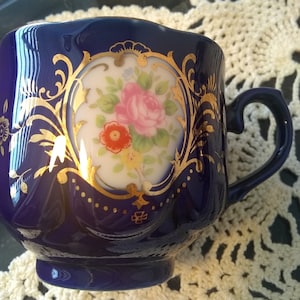 Hand Spray KT in Glaze Cobalt Blue Japanese 1960 Cups, Saucer, and Sugar Bowl Set