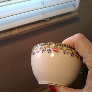 May include: White teacup with a floral design featuring pink roses and blue flowers. The rim has a black and gold border. The cup is held in a hand.
