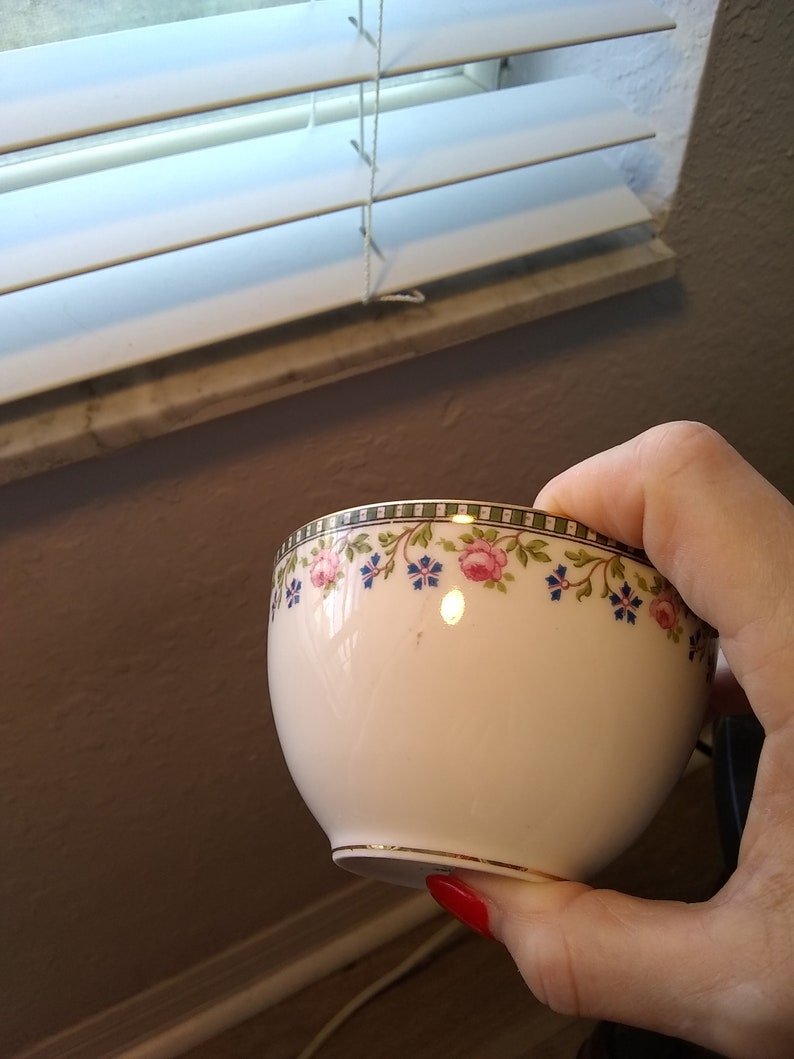 May include: White teacup with a floral design featuring pink roses and blue flowers. The rim has a black and gold border. The cup is held in a hand.