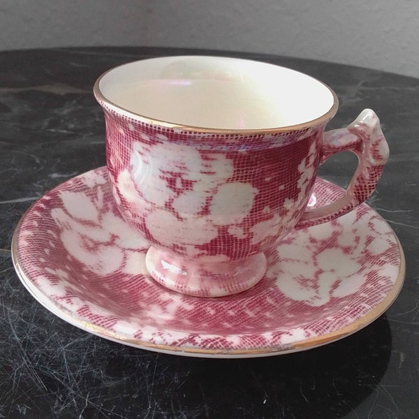 Pearlescent Pink & Cream 1930s Royal Winton English Grimades Cranberry Brocade Chintz English Saucer and Teacup