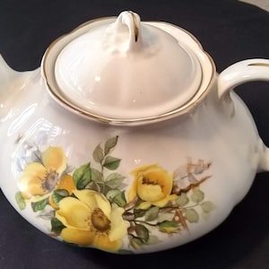 English Vintage Ellgreave Teapot with beautiful yellow flowers green leaves and gold trip