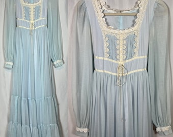 70s Gunne Sax Jessica McClintock Dress Vintage Cottagecore Prarie Peasant Lace Detail Corset Tie Tiered Maxi Boho Wedding Gown