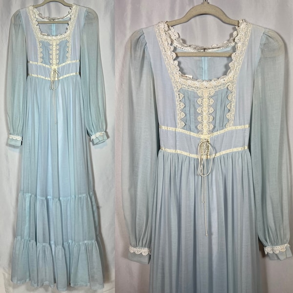 70s Gunne Sax Jessica McClintock Dress Vintage Cottagecore Prarie Peasant Lace Detail Corset Tie Tiered Maxi Boho Wedding Gown