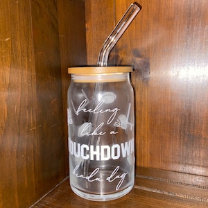 Football glass can with lid and straw, beer can glass cup with lid, iced coffee cup, gift for coffee lover, gift for football lover