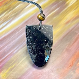 Genuine Rare Nuummite Greenland Warrior Shield XL Pendant Tiger’s Eye Bead Necklace Healing Empath Protection Chakra Sorcerer’s Stone NG625