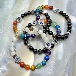 Bracciale Chakra: pietra curativa unisex con Hamsa con occhio maligno