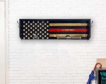 Thin Red Line - Firefighter Gear Rack - Thin Red Line Gear Rack - Firemen Gear Rack -  Wooden Flag Gear Rack