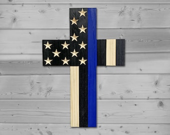 Thin Blue Line Cross - Police Officer Gift - TBL Flag Cross - Wooden Flag Cross - Thin Blue Line Christmas Gift - Police Gift