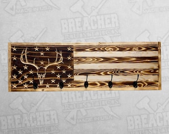 Deer Skull Flag Coat Rack - Hunters Coat Rack- Hunting USA Flag Coat Rack- Deer Hunter Coat Rack- Coat Rack