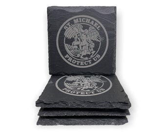 St. Michael Protect Us Slate Live Edge Coasters Police Gift- Thin Blue Line Gift Slate Coasters - Law Enforcement Gift